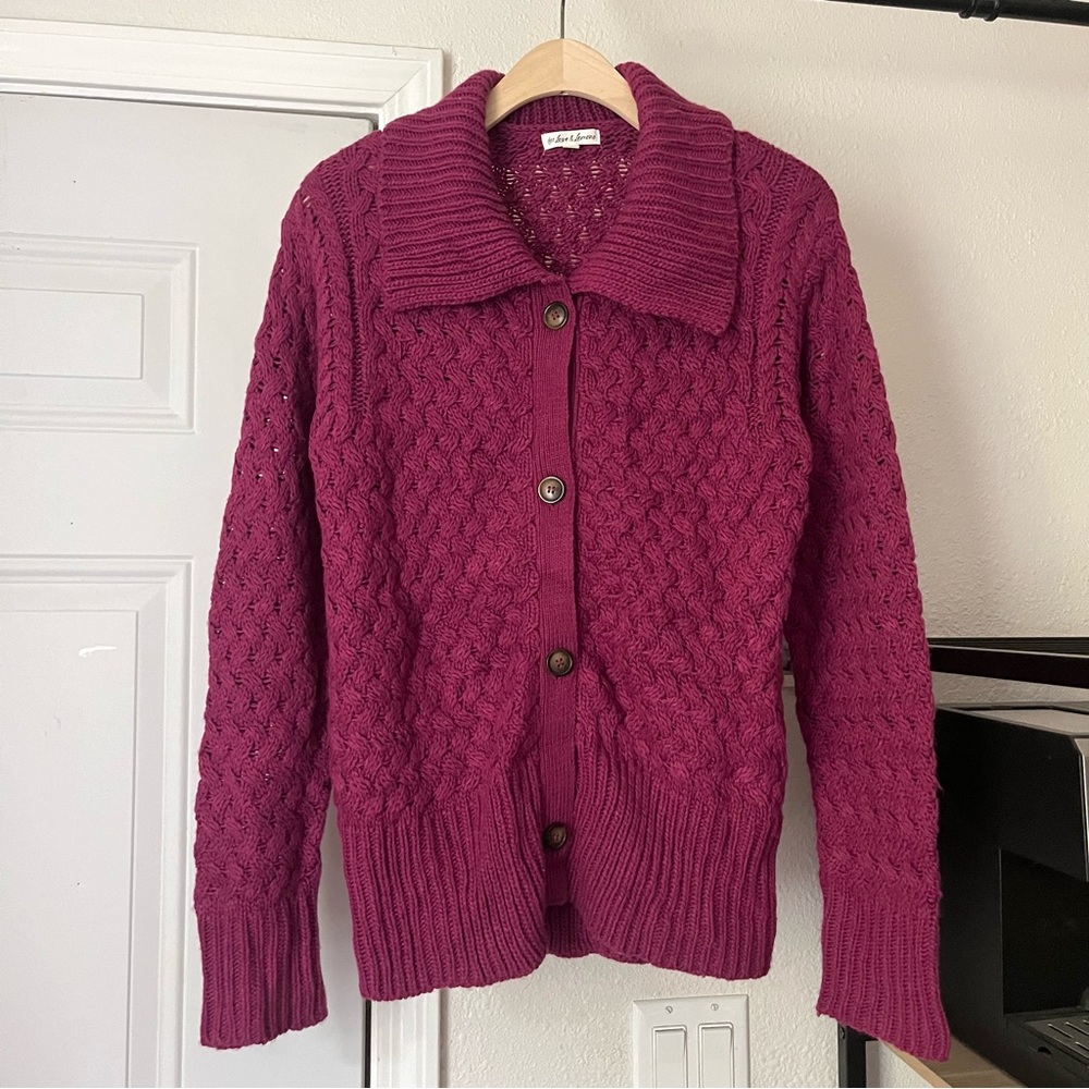 FOR LOVE & LEMONS berry fuschia magenta chunky cable knit‎ cardigan sweater